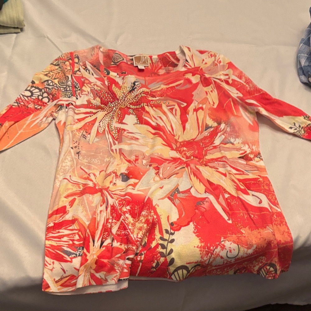 JM Collection Red and Orange Floral Blouse